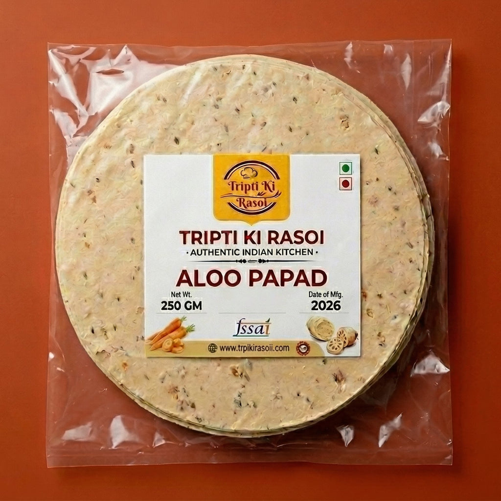 Homemade aloo papad sealed in transparent pouch packing ready to fry