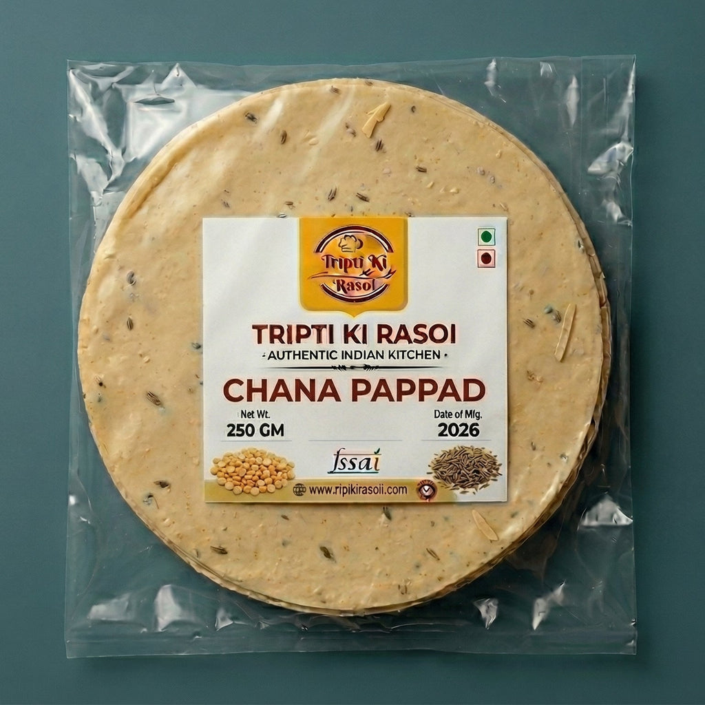 Homemade Chana daal papad sealed in transparent pouch packing ready to fry