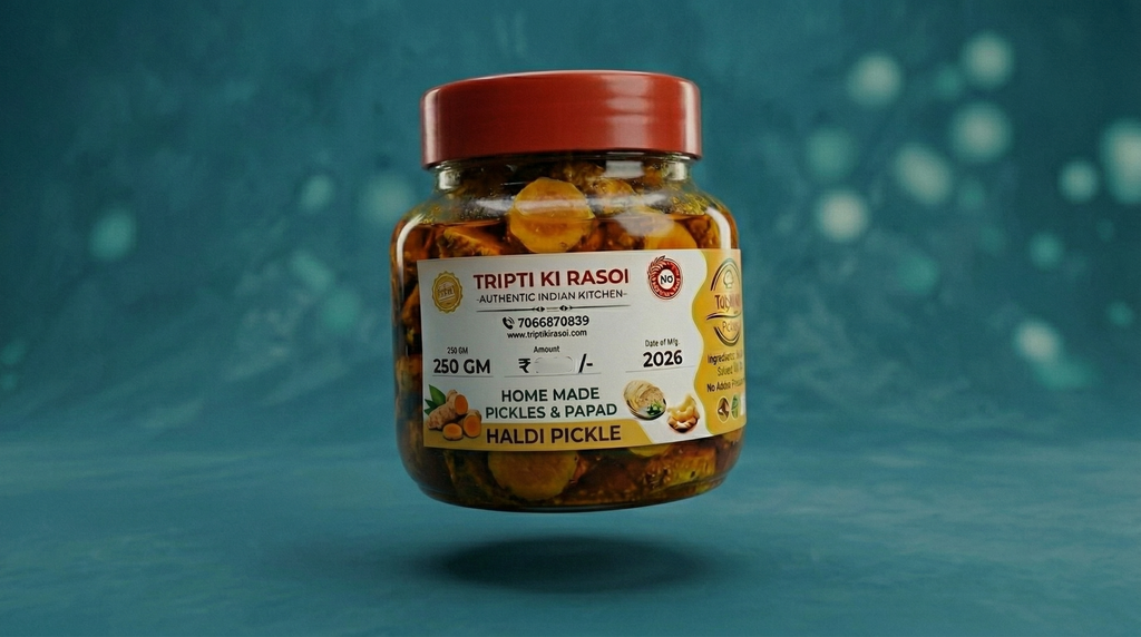 Homemade turmeric pickle with mustard oil in glass jar