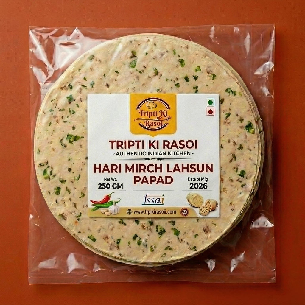 Homemade Hari Mirch Lahsun papad sealed in transparent pouch packing ready to fry