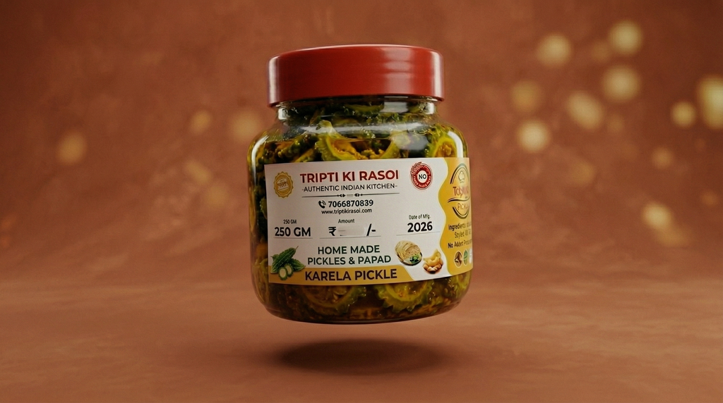 Homemade Karela pickle with mustard oil in glass jar