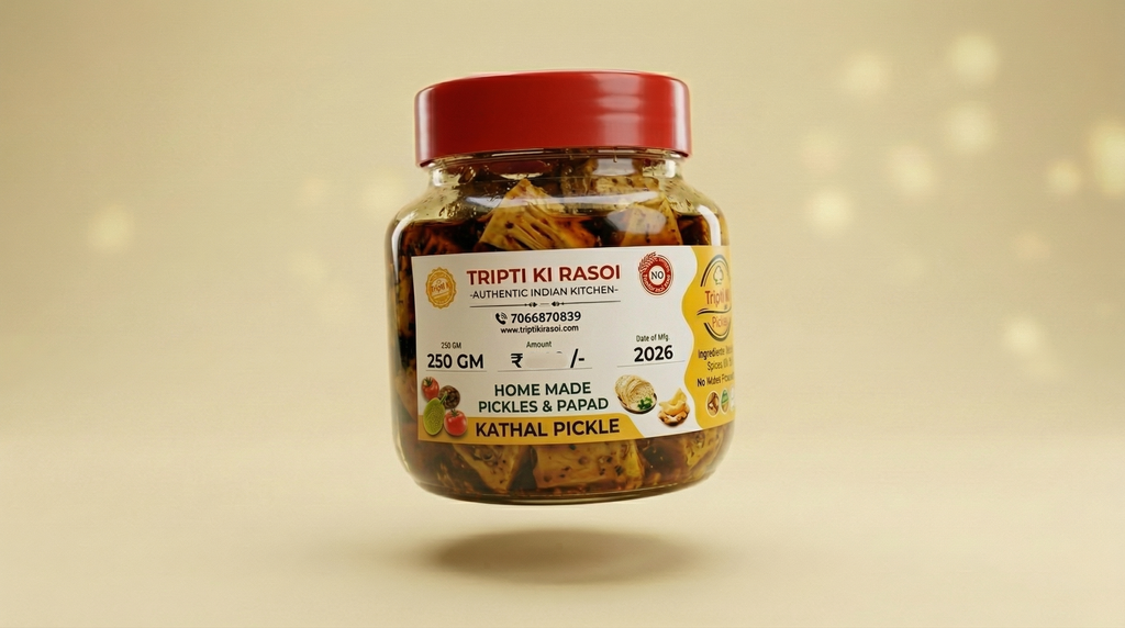 Homemade Kathal pickle with mustard oil in glass jar