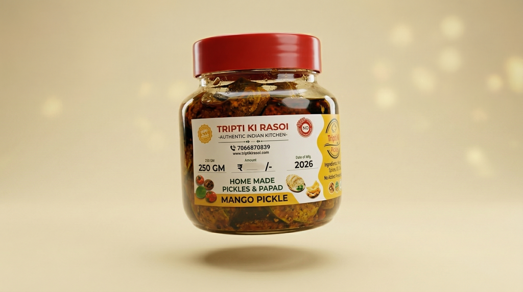 Homemade mango pickle with mustard oil in glass jar