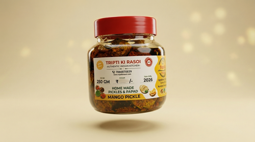 Homemade mango pickle with mustard oil in glass jar