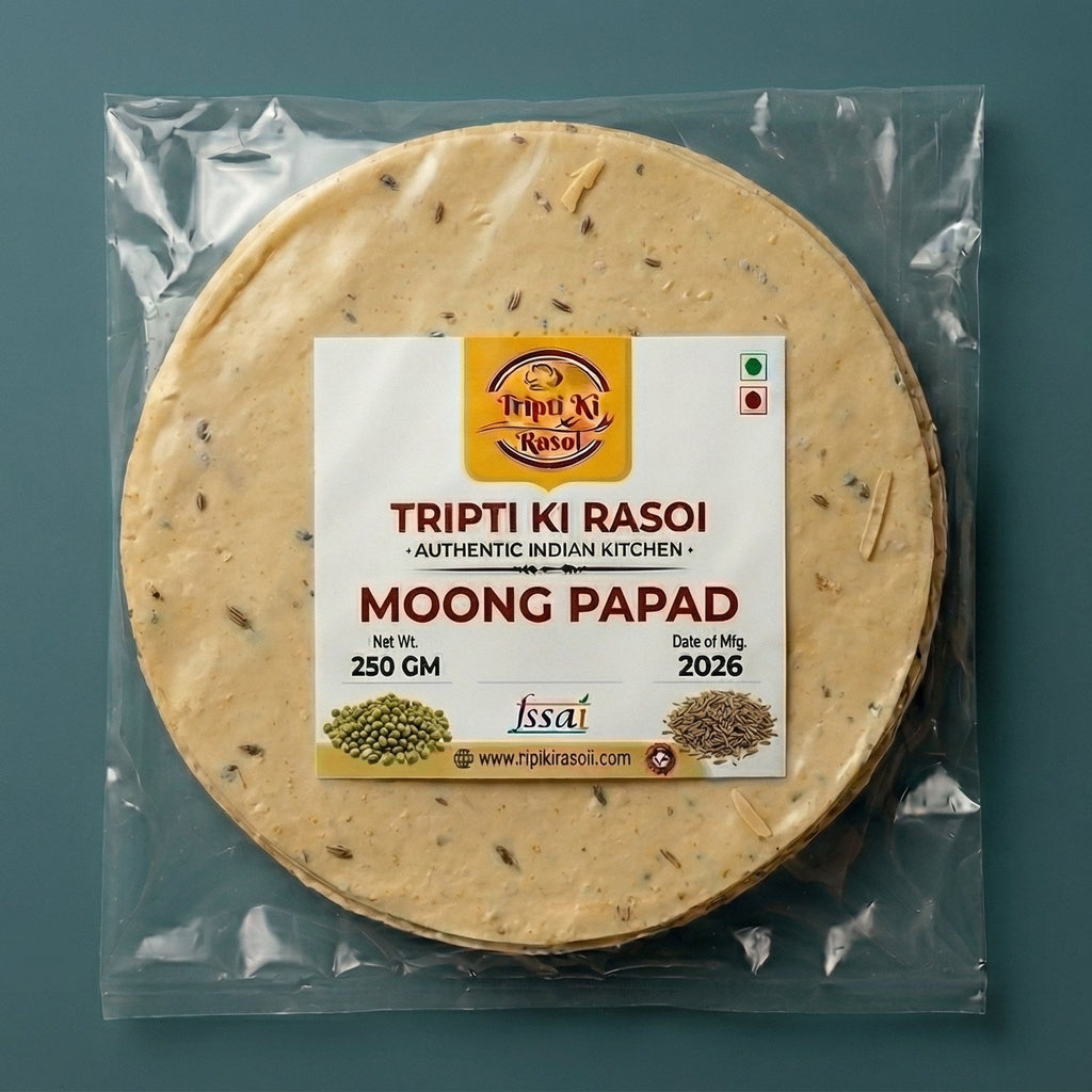 Homemade Moong Daal papad sealed in transparent pouch packing ready to fry