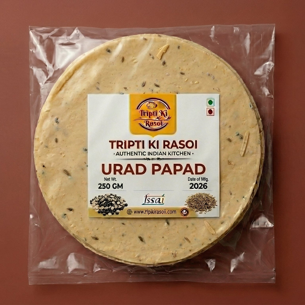 Homemade Urad papad sealed in transparent pouch packing ready to fry