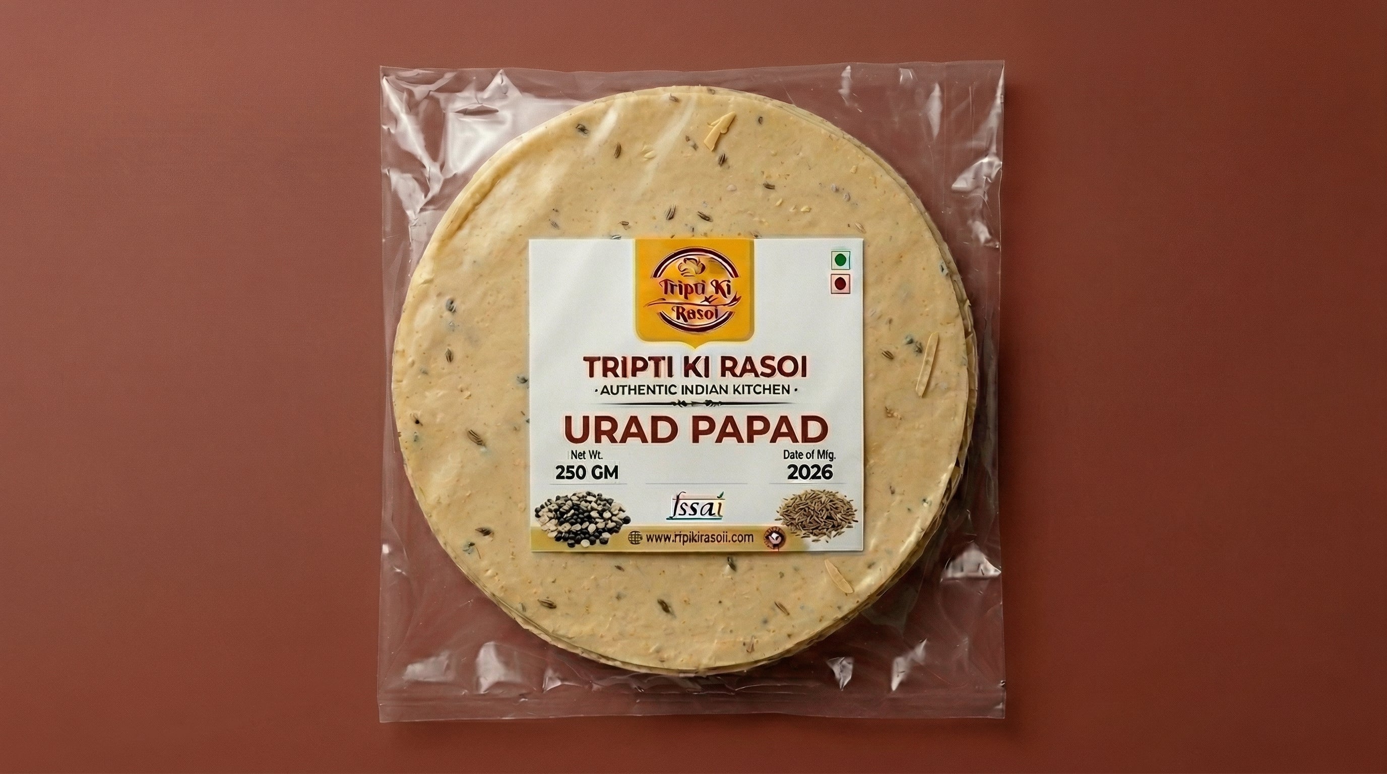 Homemade Urad papad sealed in transparent pouch packing ready to fry